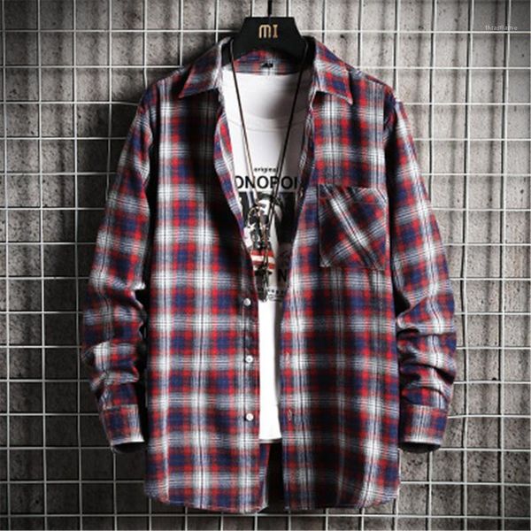 

single breasted shirt tees designer male casual tooling shirts man lapel neck long sleeve shirts fashion japanese grid style homme clothing, White;black