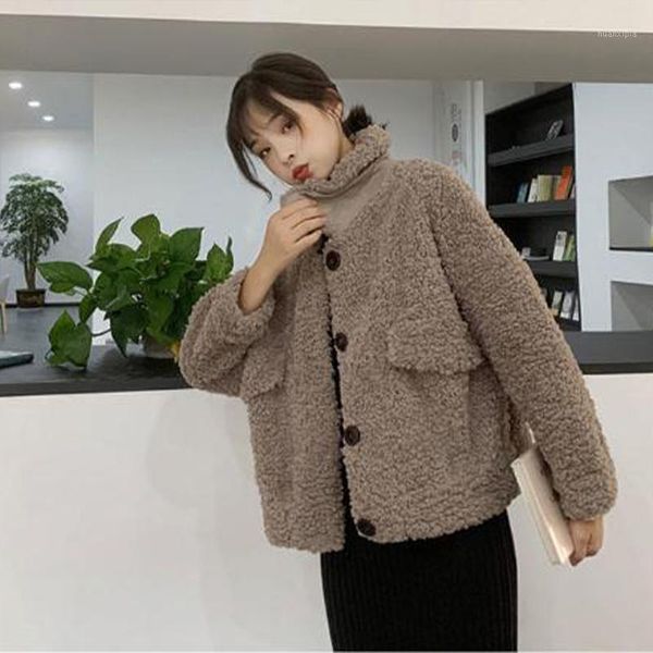 

women's faux lamb fur short coat artificial fur plush solid female warm coats autumn winter 2020 new korean girls sweet clothes1, Black