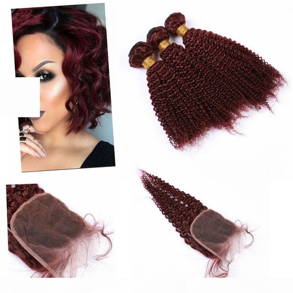 

peruvian human hair bundles with closure 4" * 4" kinky curly #99j color hair bundles deals with lace closure, Black;brown
