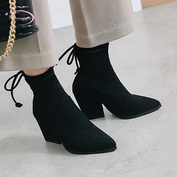 

south korean street style pointed toe autumn ankle boots lace-up black high heel thick riding boots women's shoes1