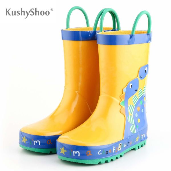 

kushyshoo kids girl boy rubber 3d dinosaur baby cartoon children' water shoes waterproof rain boots, Black;grey