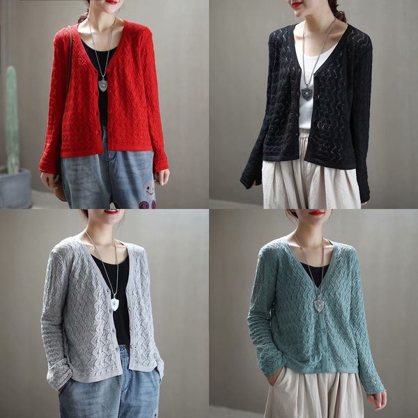 

2020 literature and art hollow v-neck knitted cardigan women spring and autumn solid color simple thin jacket short coat long sleeve short c, White;black