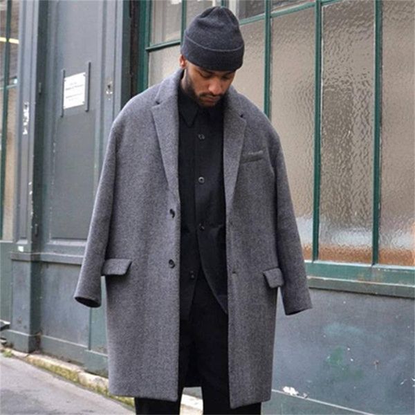 

men's wool & blends woolen coat winter style leisure thickening long loose and simple, Black