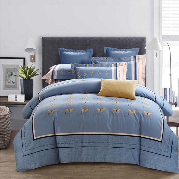

bedding sets butterfly stripe plaid sanding blue cotton luxury set king  bed duvet cover pillowcase sheet 4pcs
