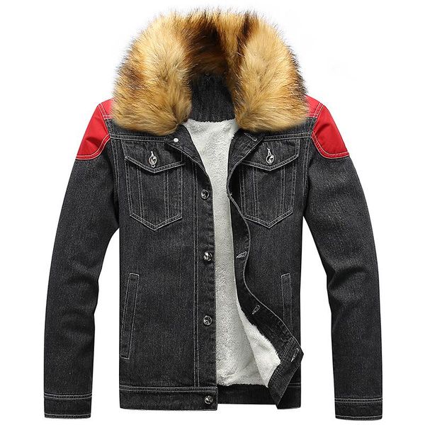 

men's jackets 2021 winter fleece denim men faux fur collar warm jeans coats jacket male outerwear plus size, Black;brown