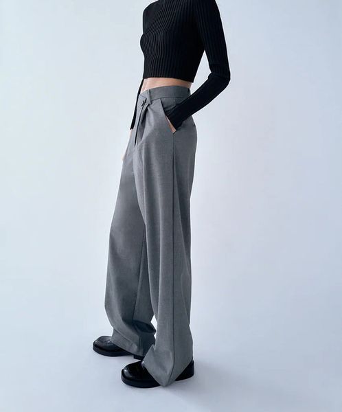 

autumn 2020 women's asymmetric loose grey draping slant flap decoration solid color tube wide leg pants, Black;gray