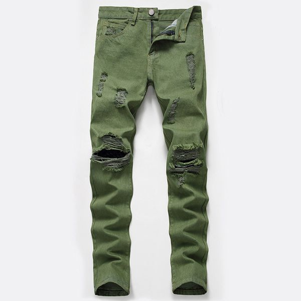 

2020 men's wear ripped adolescent personality hole in army green jeans, Blue