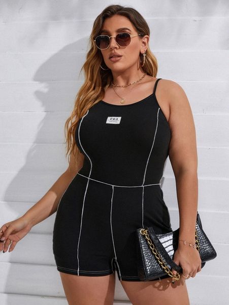 

plus patch detail stitching cami unitard romper 22es#, Black