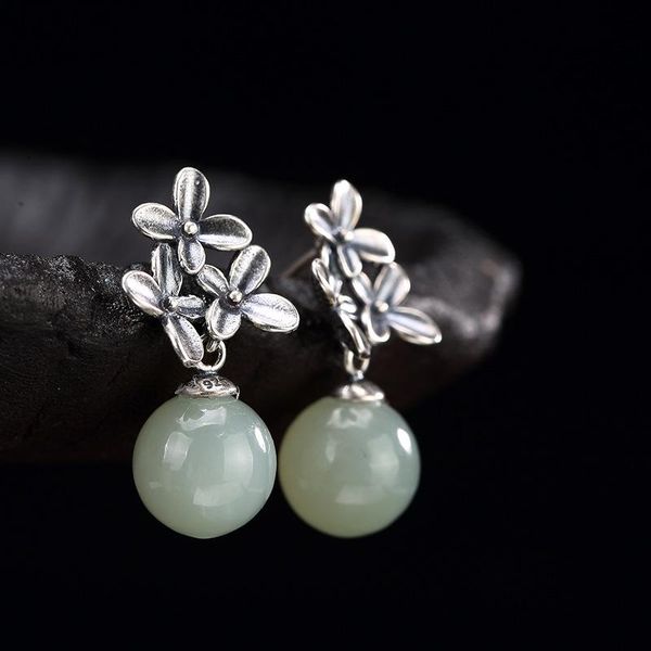

real 925 sterling silver flowers earrings drop with natural hetian jade beads vintage style oorbellen voor vrouwen