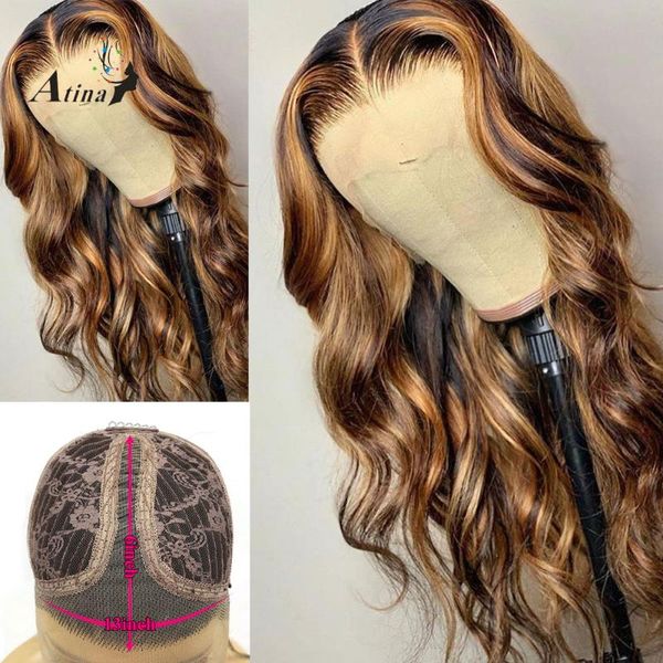 

lace wigs wavy ombre highlight colored human hair wig natural hairline glueless hd transparent with baby 250 density, Black;brown