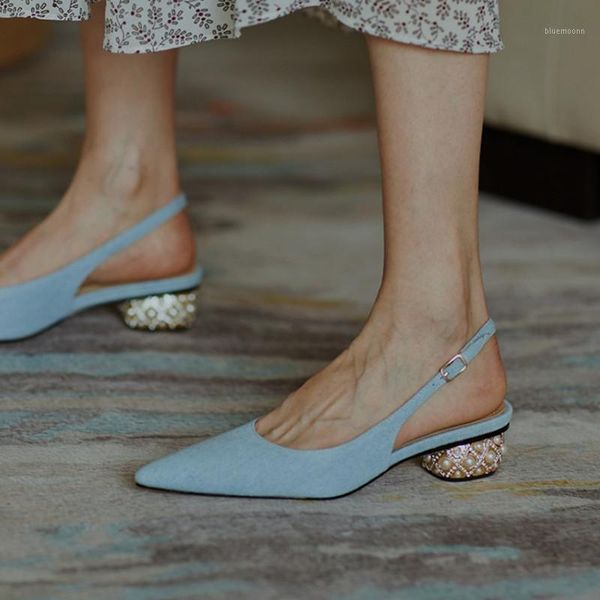 

light blue denim women slingback pumps pointed toe summer sandals pearl crystal med heels chic office lady working shoes woman1, Black