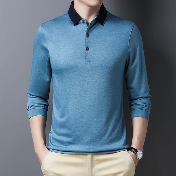 

2021 new respirable from natural silk men's polo long sleeve collar down neck regulate thermal fit pullover shirt g2h9, White;black