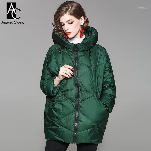 

autumn winter woman outwear white duck down fill coat with hood pockets army green loose coat fashion casual winter1, Black