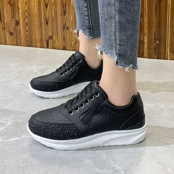 

2021 new mulher vulcanizada moda bonito casuais nova pele motivo pedras cintilantes design tnis sapatos planos femininos 2weo, Black
