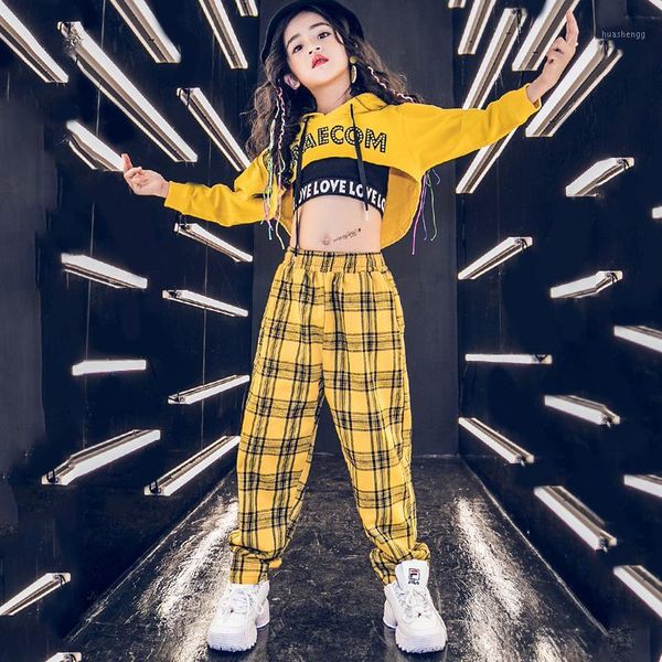 

children hip hop dancing clothes kids yellow hoodies pants hip hop stage wear balllroom competition girls street dancewear1, Black;red
