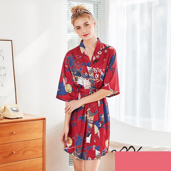 

2021 new bathrobe plus size women's summer printing short nightgowns slim nightwear female v neck half sleeve with sashes silk kimono 3, Black;red