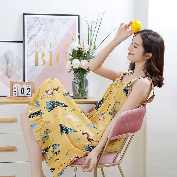 

2020 summer women's night printed loose female sleepwear knee length sleeveless spaghetti strap casual midi sleeping dress