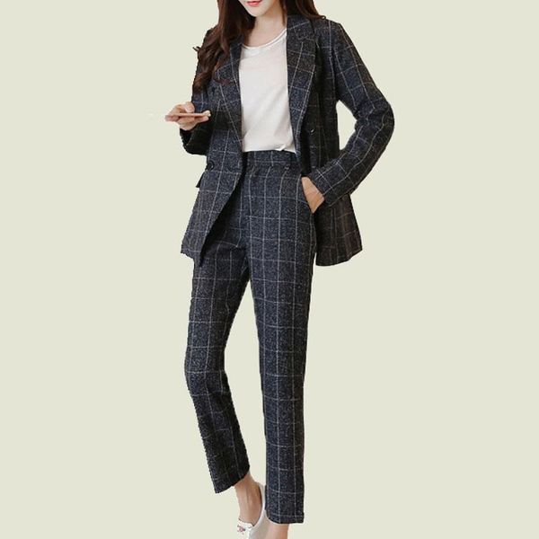 

autumn plaid womens blazer suit workwear double breasted casual ladies blazer jacket+pockets pencil pant 2020 2 piece set, White