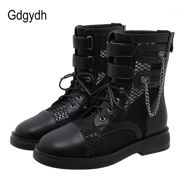 

boots gdgydh autumn women punk ankle metal chain air mesh female motorcyle casual fashion flat heels white students1, Black