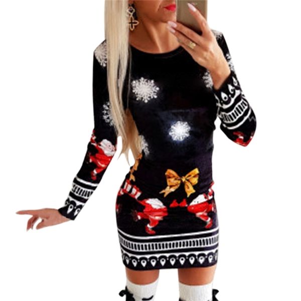 

christmas dresses for women fashion knitted print bodycon ladies dress long sleeve autumn winter clothing for female y201128, White;black