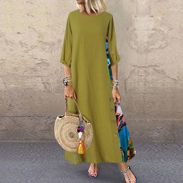 

vintage stitching dress maxi sundress women's 2020 casual 3/4 sleeve summer vestidos female o neck floral robe plus size1, Black;gray