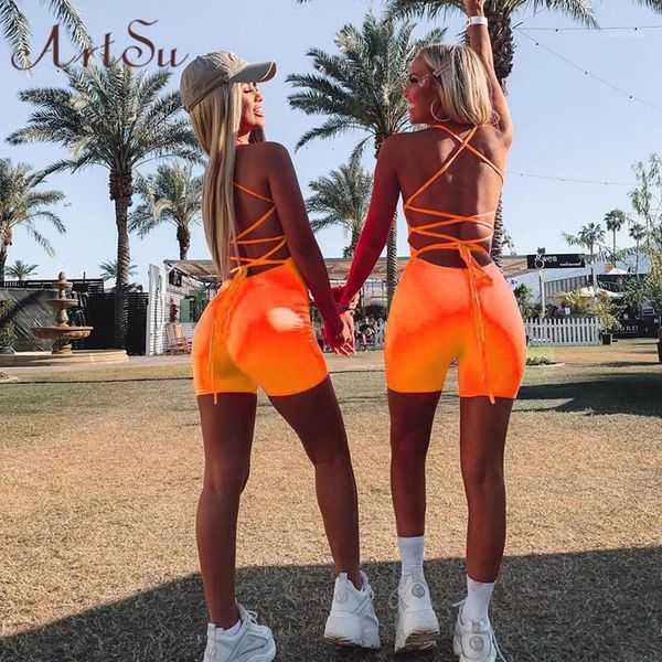 

strappy bodycon romper shorts women open back jumpsuit neon green orange playsuit club one piece outfits asju600411, Black;white