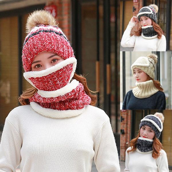 

2021 new balaclava knitted hat scarf caps neck warmer winter hats for men women skullies beanies warm fleece pompom cap, Black
