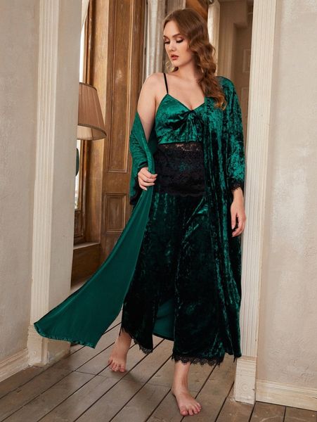 

plus lace trim belted velvet robe without dress n42l#, Black;white