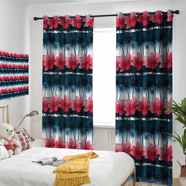 

thermal insulated room darkening window shade tropical hibiscus flowers with palm tree silhouettes pattern curtain