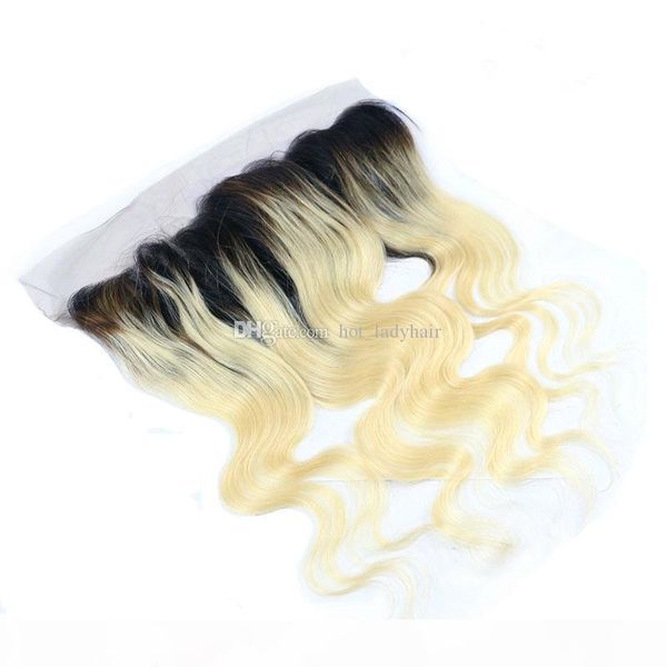 

1b 613 blonde lace frontal closure ombre peruvian hair body wave lace frontal with baby hair bleached knots dark roots, Black;brown