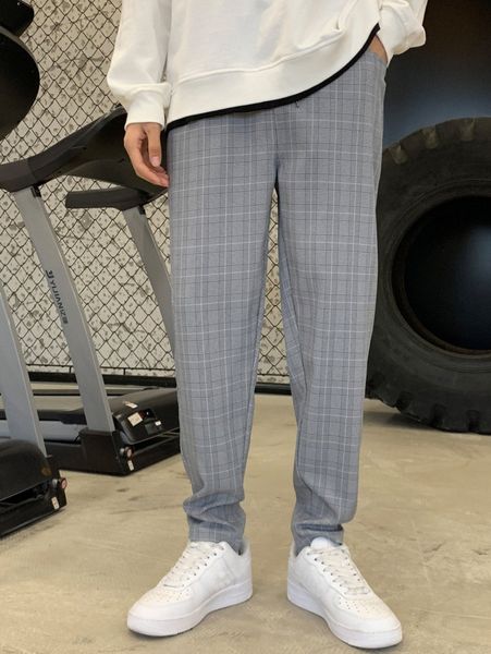 

men plaid drawstring waist pants i1dy#, Black