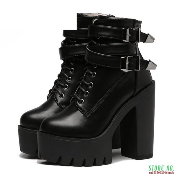 

spring autumn fashion women boots high heels platform buckle lace up leather short booties black ladies shoes promotion