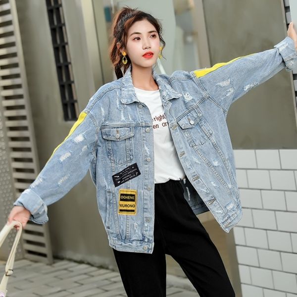 

women tide letters print personality jacket new arrival ladies hole ripped leisure streetwear denim jacket 201028, Black;brown
