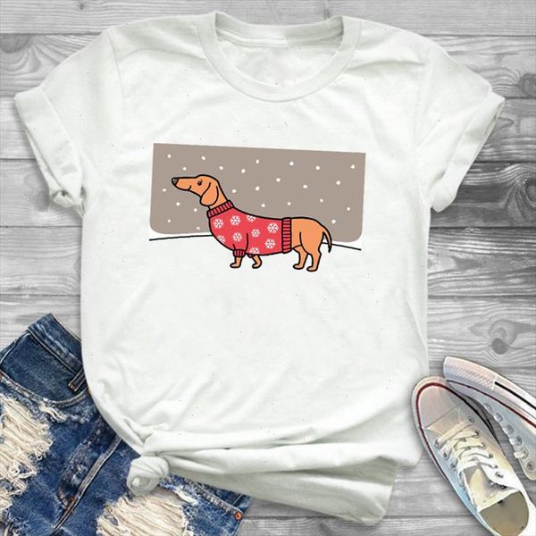

cartoon dachshund dogs print shirt merry christmas women men t shirt female santa claus reindeer short sleeve tee shirt, White