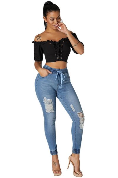 

2019 new autumn pencil pants high waist casual trousers boyfriend hole ripped cool denim vintage staight jeans female slim, Blue