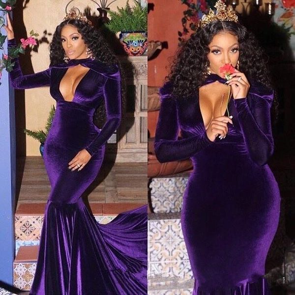 Robe De soirée élégante en velours violet, Sexy, col en V, grande taille, manches longues, robes De bal formelles