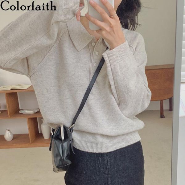 

colorfaith 2020 новая осень зимние женщины свитера воротник пулловеры кнопки вязаные кореи элегантные дикие дамы tops sw18208, White;black