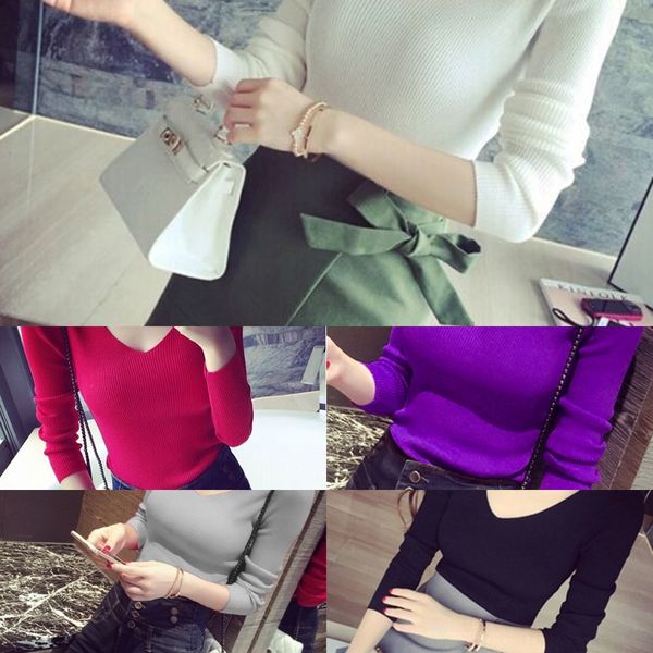 

j71ik 2019 knitwear and winter sweater new knitwear korean women's v-neck solid color sleeve style tight pullover base shirt pullover a, White;black