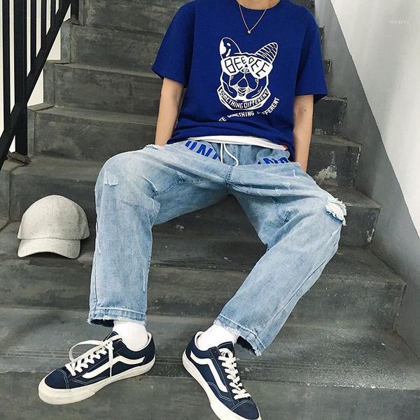 

2020 men clothing hair stylist bigbang fashion summer retro do old hip hop alphabet embroidery loose jeans costumes1, Blue