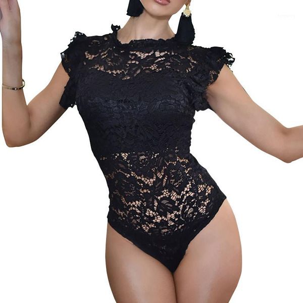 

feminino ruffles short sleeve lace body suits women hollow out erotic romper overalls skinny club party bodysuit gv2331, Black;white