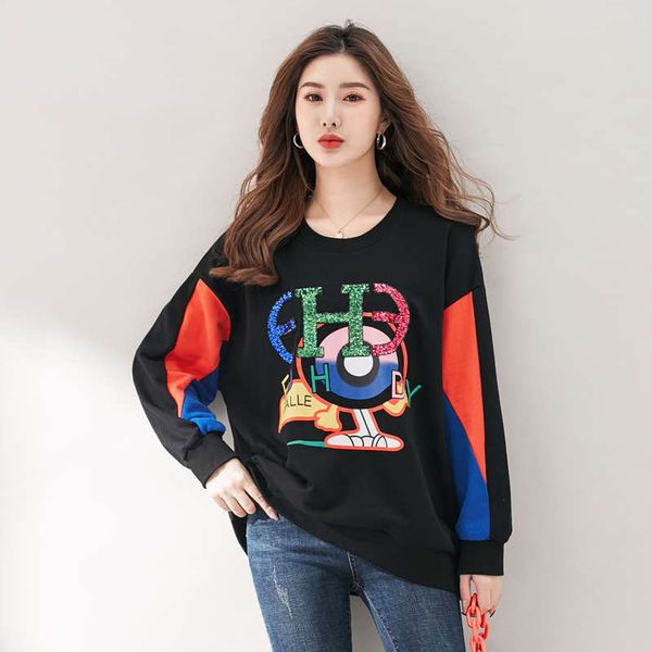 

chi shuang large size women's clothing 2020 new autumn fattening 200 kg fat mm fashionable leisure foreign style sanitary clothes, Black