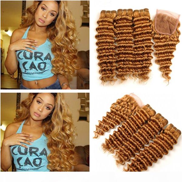 

#27 honey blonde deep wave malaysian human hair 3bundles with closure strawberry blonde deep wavy weave wefts with 4x4 lace closure, Black;brown