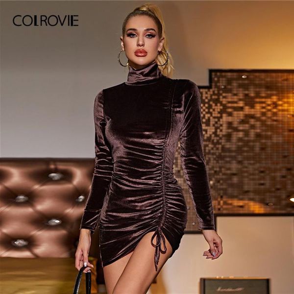 

colrovie brown high neck ruched drawstring hem velvet dress women autumn slim fitted glamorous pencil mini dresses, Black;gray