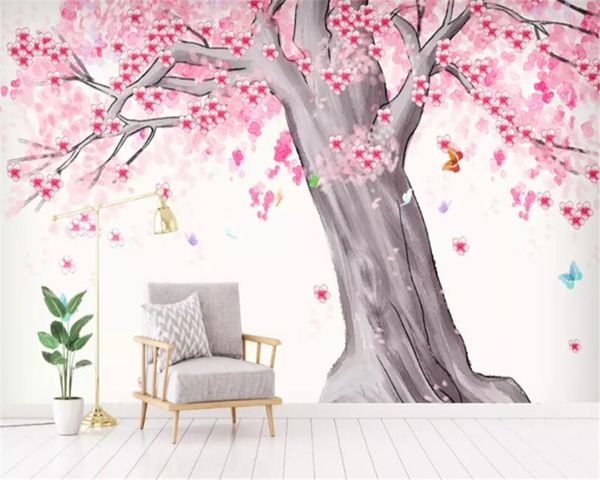 Beibehang foto wallpaper ad alta moderna seta di qualità materiale acquarello rosa ciliegia albero paesaggio parete di fondo 3d