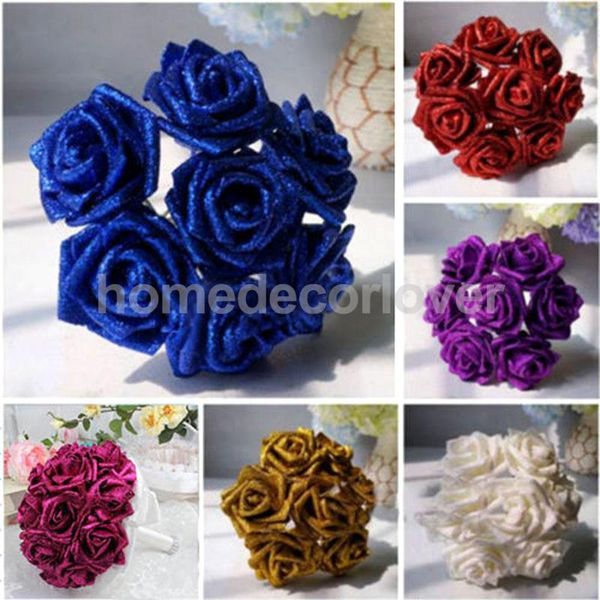 

decorative flowers & wreaths 12pcs foam roses glitter flower bouquet wedding party decor 6 colors