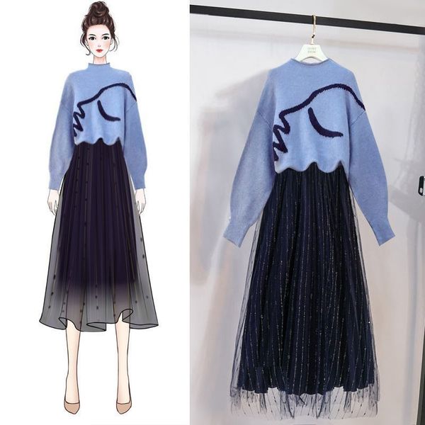 

2021 2 female autumn long sleeve loose around neck sweater shirt and skirt knitted suit ensembles mujer y462 6b0a, Gray