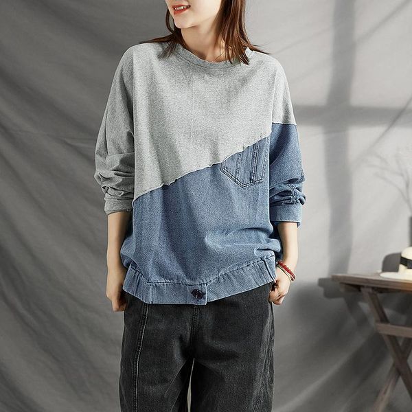 

long-sleeved women t shirt large size patchwork denim contrast color irregular outerwear pullover 2020 autumn loose women coat, White