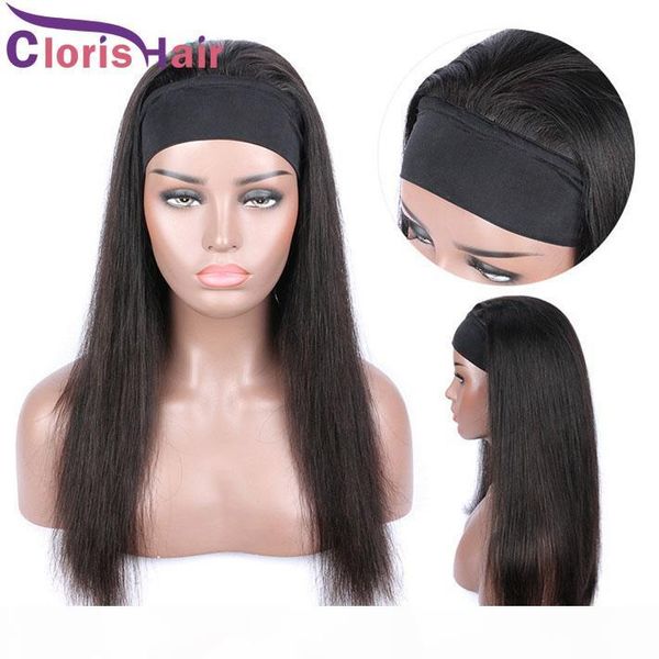 

human hair wig with head band 150% density malaysian remy straight glueless headband wigs for black women unprocessed natural hair scarf wig, Black;brown
