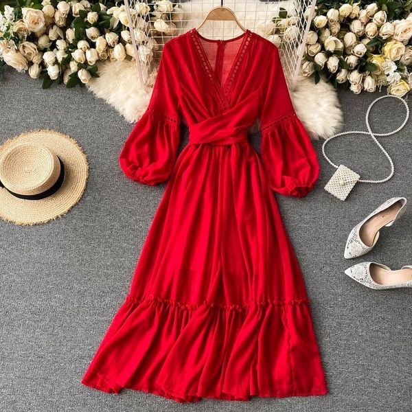 

casual dresses lady fashion hollowing out v-neck high waist slim long sleeve chiffon a-line dress women solid color vintage vestidos j841, Black;gray