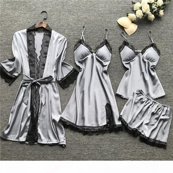 

summer women pajama sets 4 pcs lace pyjamas women satin silk sleepwear elegant pijama with chest pads homewear, Black;red